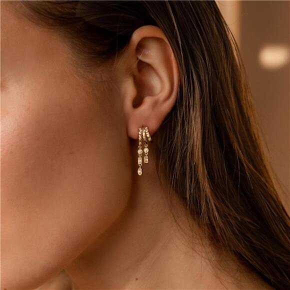 14K Gold Plated Triple Huggie Dangle Earrings | Split Wrap Statement Drops - Picture 2 of 4